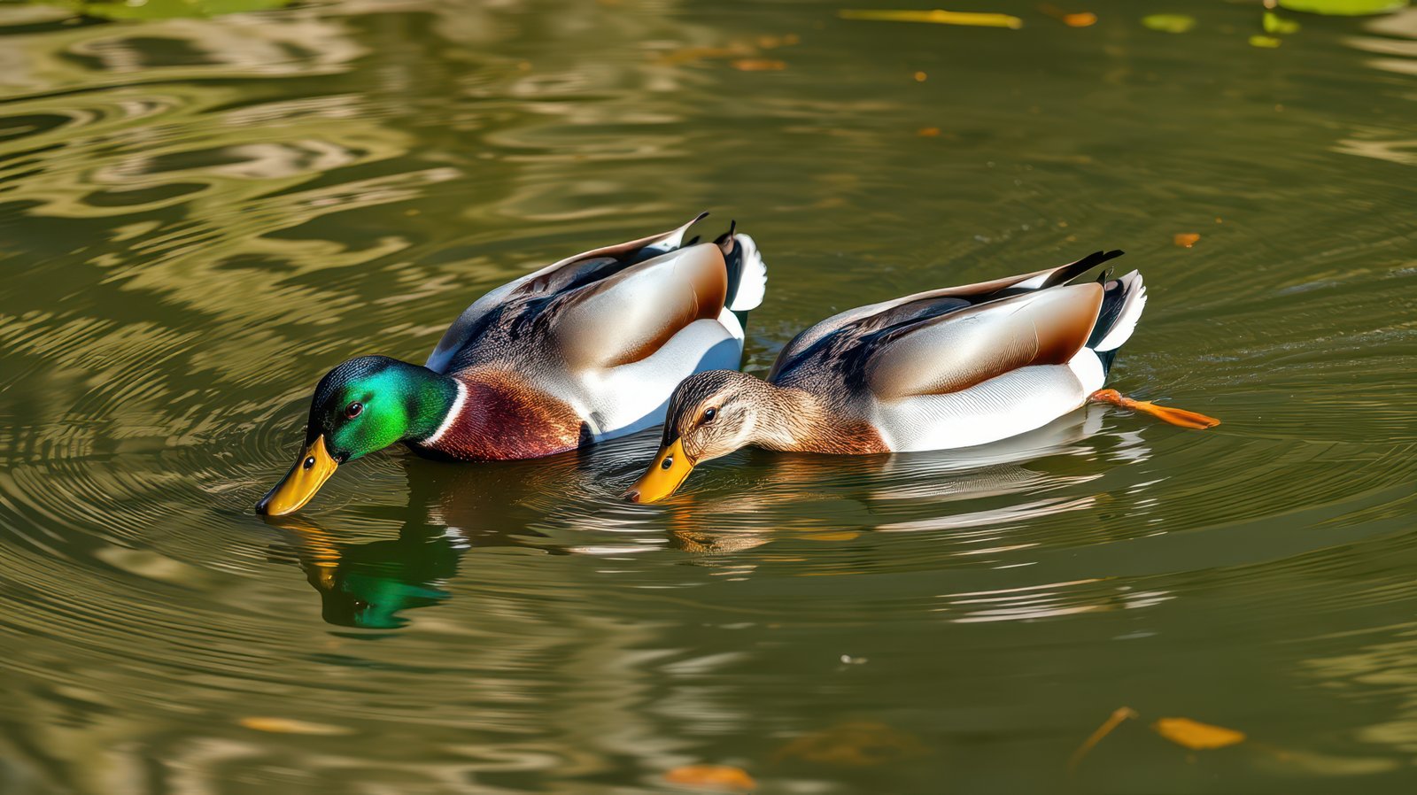 Two ducks gracefully swimming and foraging in a serene pond surrounded by green foliage